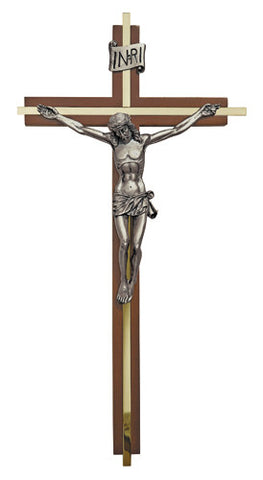 Walnut Finish Crucifix w/ Gold-Tone Plate Inlay Antique Pewter Corpus 12"H USA