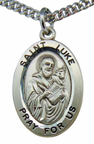 Sterling Silver 7/8" Oval St Luke Medal with 20" Stainless Steel Chain Boxed