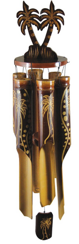 Bamboo Palm Tree Wind Chime Hand Carved Wooden Tropical Burned Design Decoration