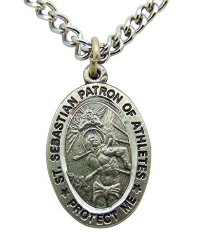 Saint Sebastian Pewter Medal 3/4 Inch Long with Stainless Steel Chain Boxed